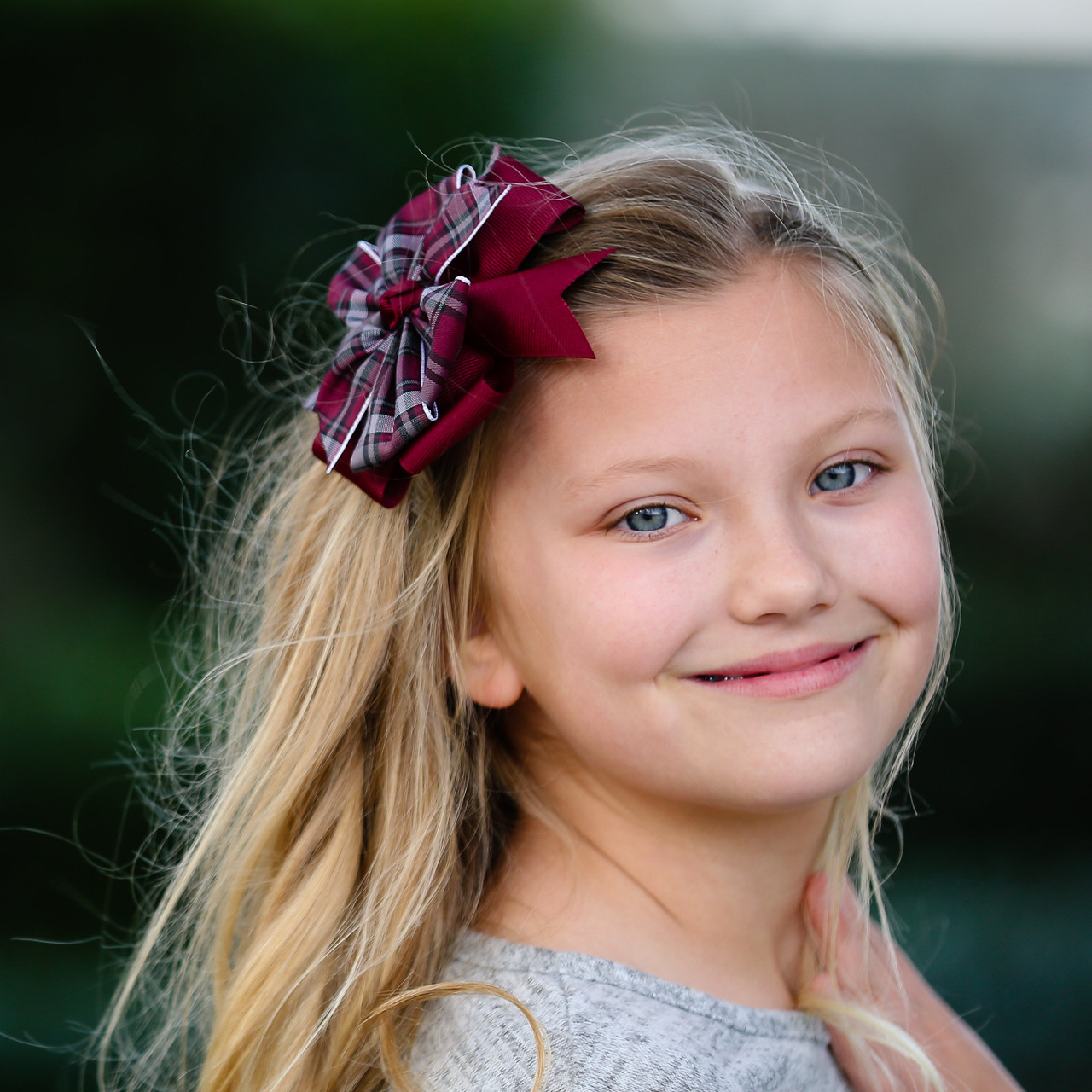 Burgundy & Gray Plaid Double Pinwheel Hair Bow - School Uniform Hair Bows, Burgundy and Gray Plaid Hair Bow, Plaid Hair Bow, School Plaid 91