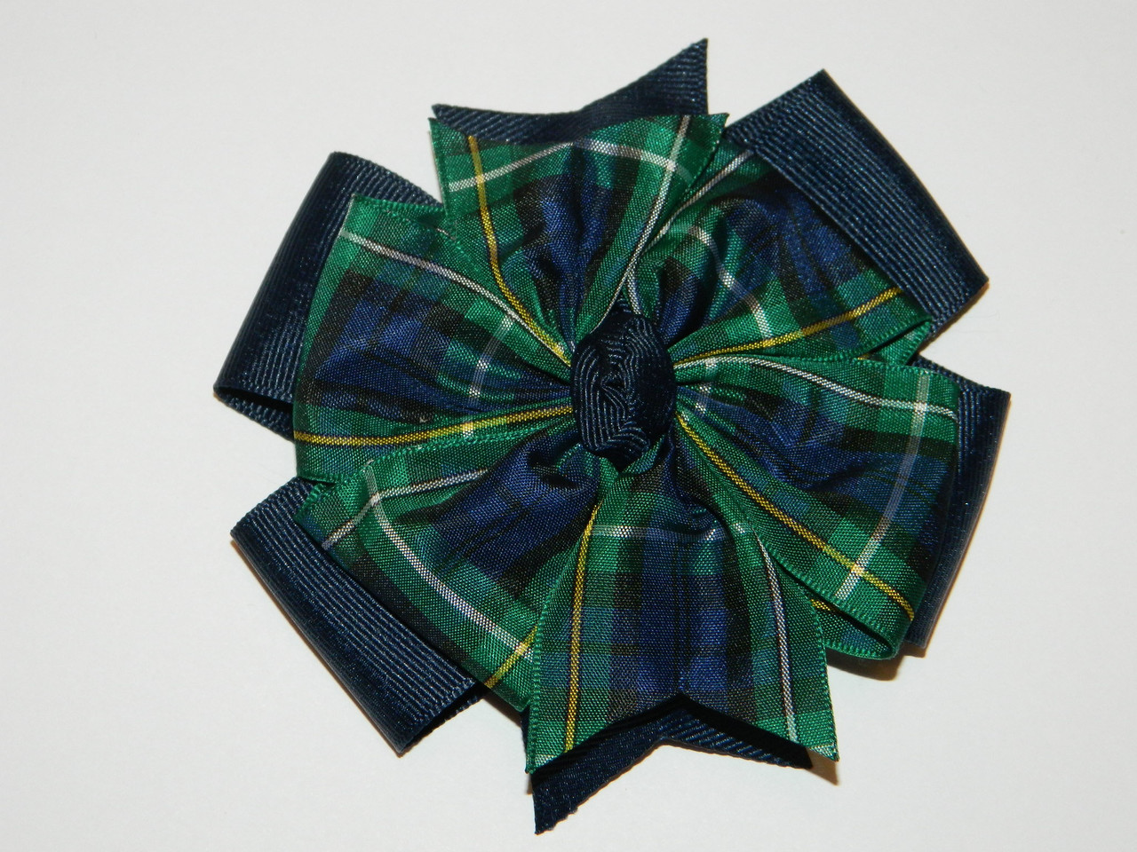Forest, Navy & Yellow Plaid Large Double Pinwheel Hair Bow - School Uniform Hair Bows, Forest Green and Navy Plaid Hair Bow, Dress Campbell