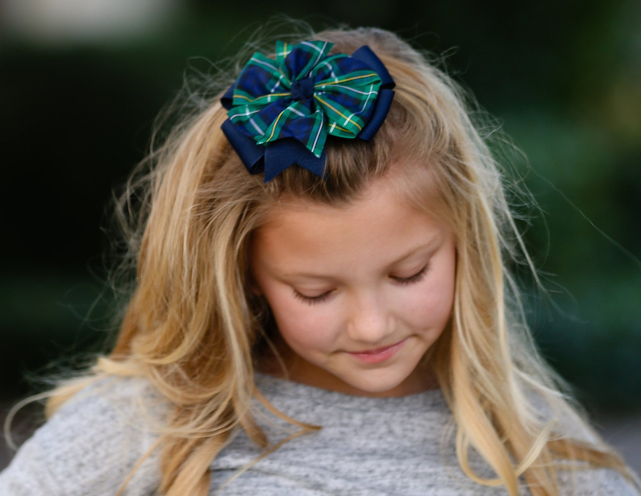 Forest, Navy & Yellow Plaid Large Double Pinwheel Hair Bow - School Uniform Hair Bows, Forest Green and Navy Plaid Hair Bow, Dress Campbell