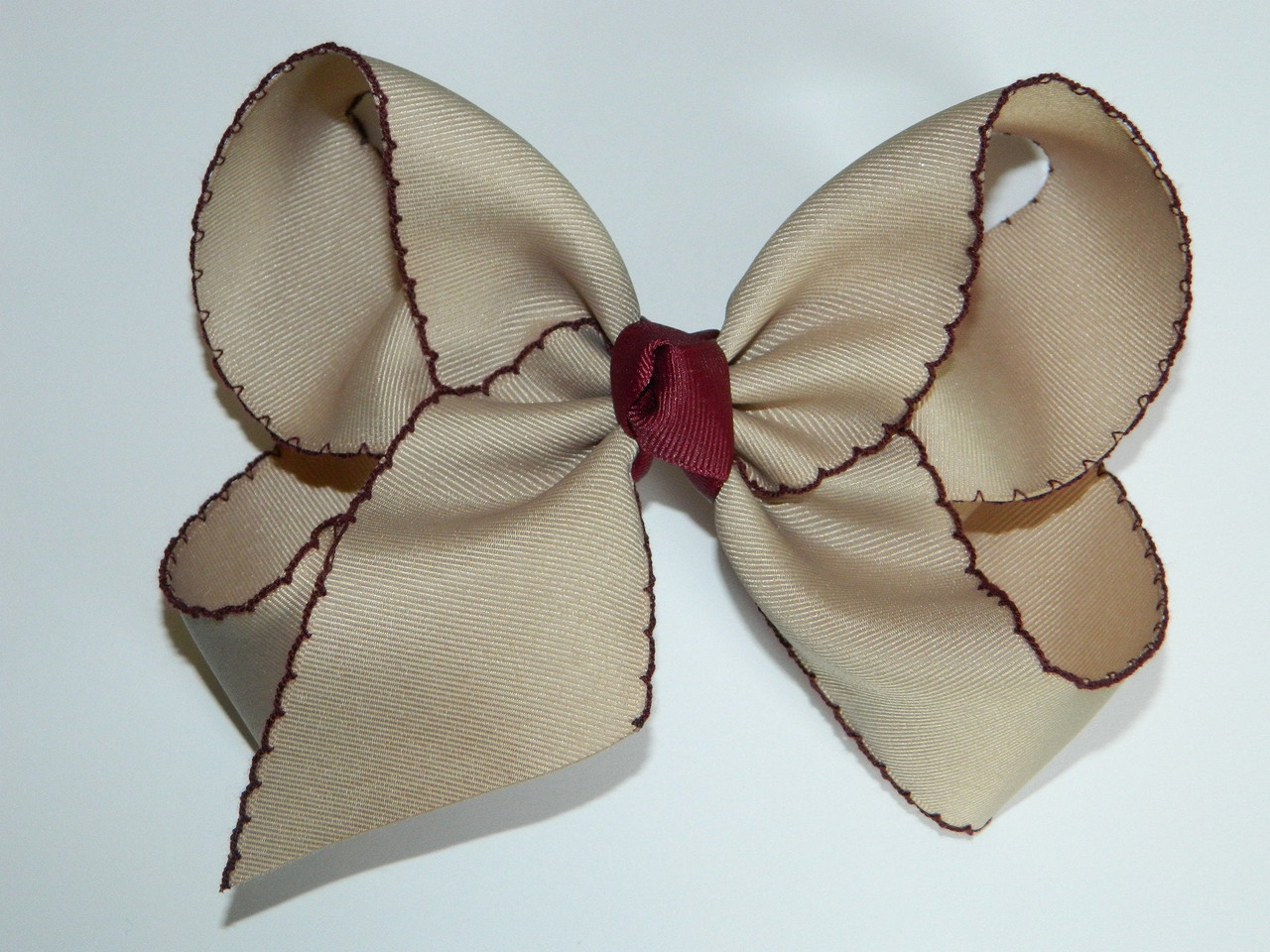 Lt Khaki & Burgundy XL Moonstitch Hair Bow - School Uniform Hair Bow, Moonstitch Hair Bow, Burgundy Hair Bow, Moonstitch, Khaki  Hair Bow