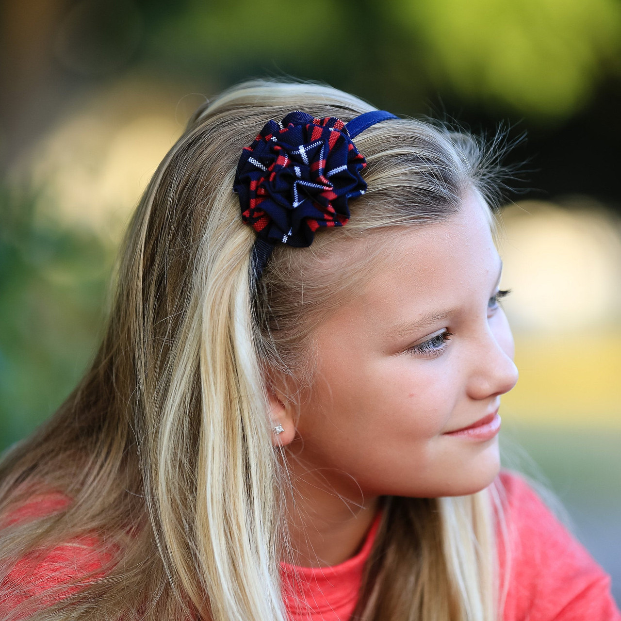 Navy & Red Plaid Rosette Headband