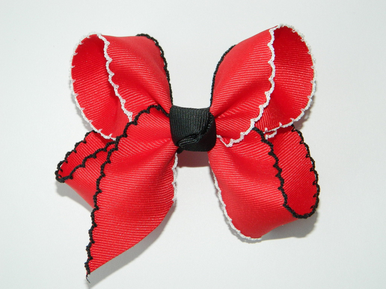 Red & Black / White Large Moonstitch Hair Bow - Moonstitch Hair Bow, Red Hair Bow, School Uniform Hair Bows, Uniform Plaid 70