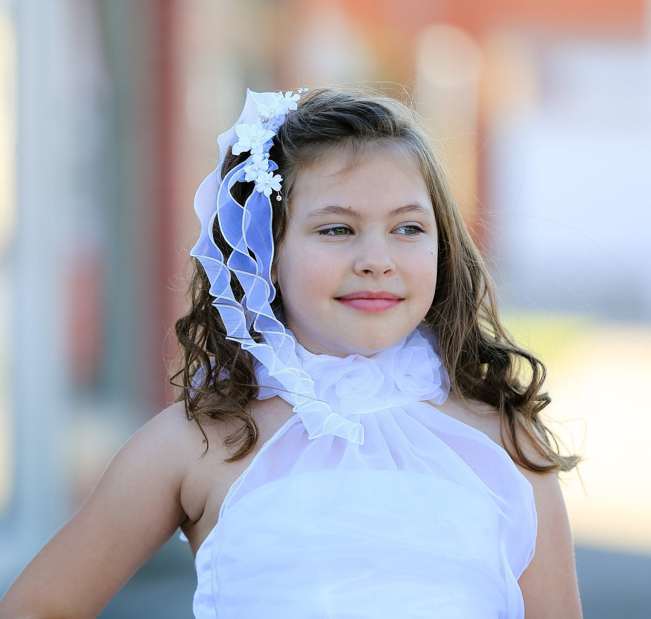 White Floral Comb With Ruffle Streamers - Communion Headpiece, White Floral Hair Comb, 1st Communion, Flower Girl, Special Occasion
