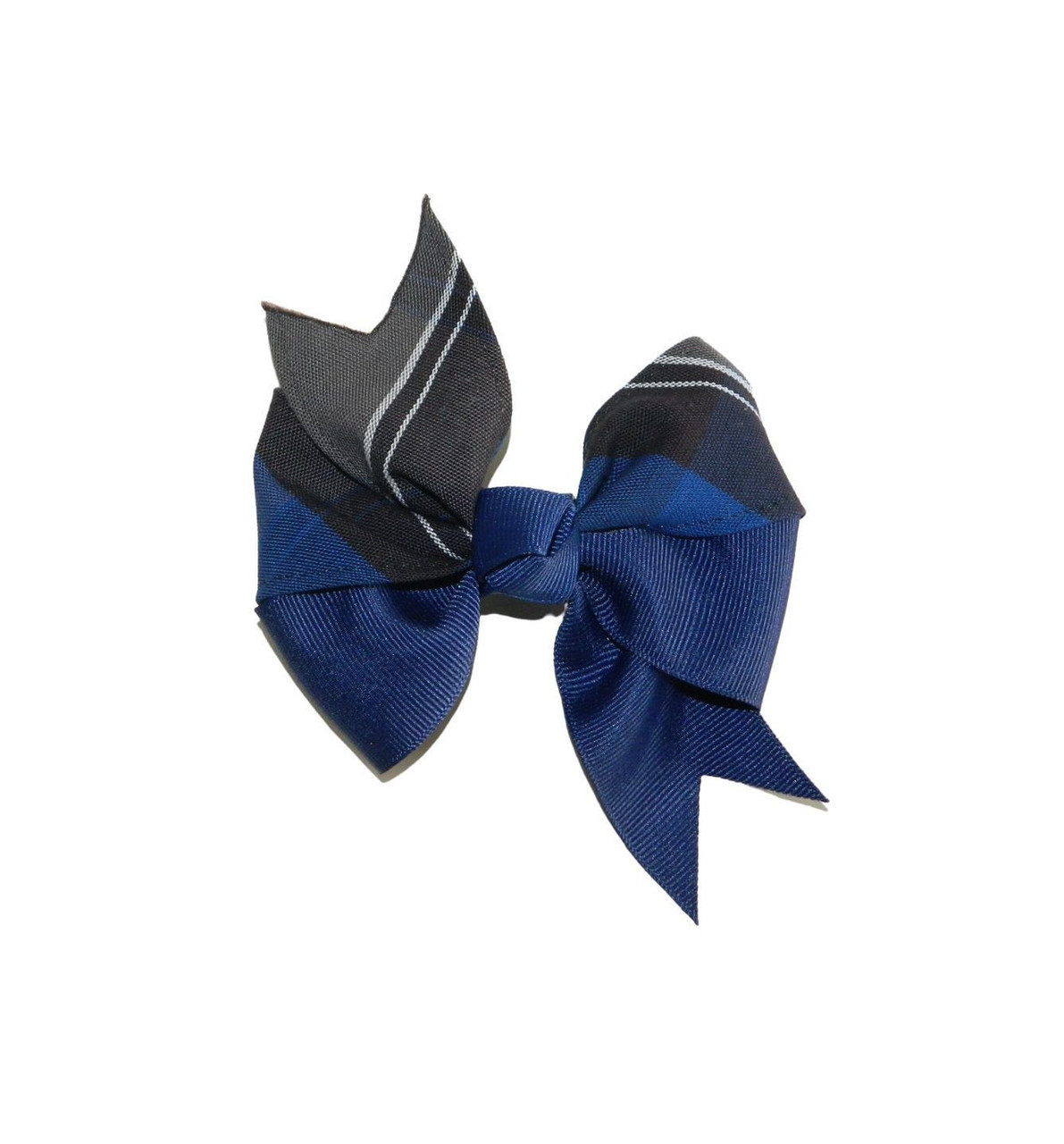 Lt Navy, Black & Gray Plaid Split Pinwheel Hair Bow - School Uniform Hair Bows, Navy and Gray Plaid Bows, School Uniform Plaid 62, Plaid 62