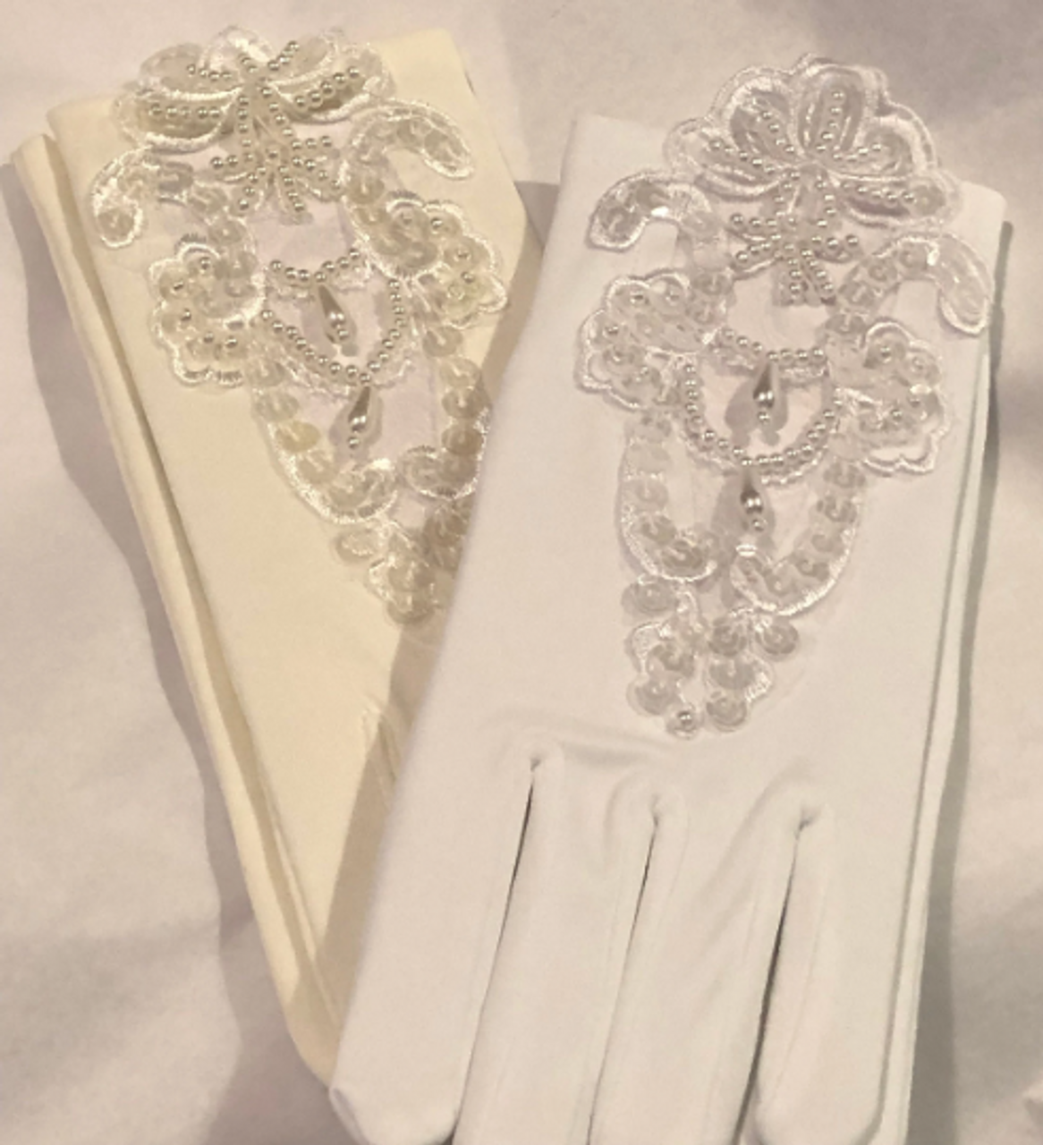 Girl's White or Ivory Embellished Lace Insert Gloves