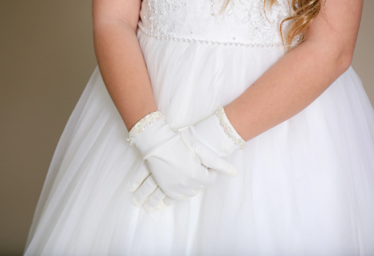 Girl's White or Ivory Matte Satin Beaded Gloves