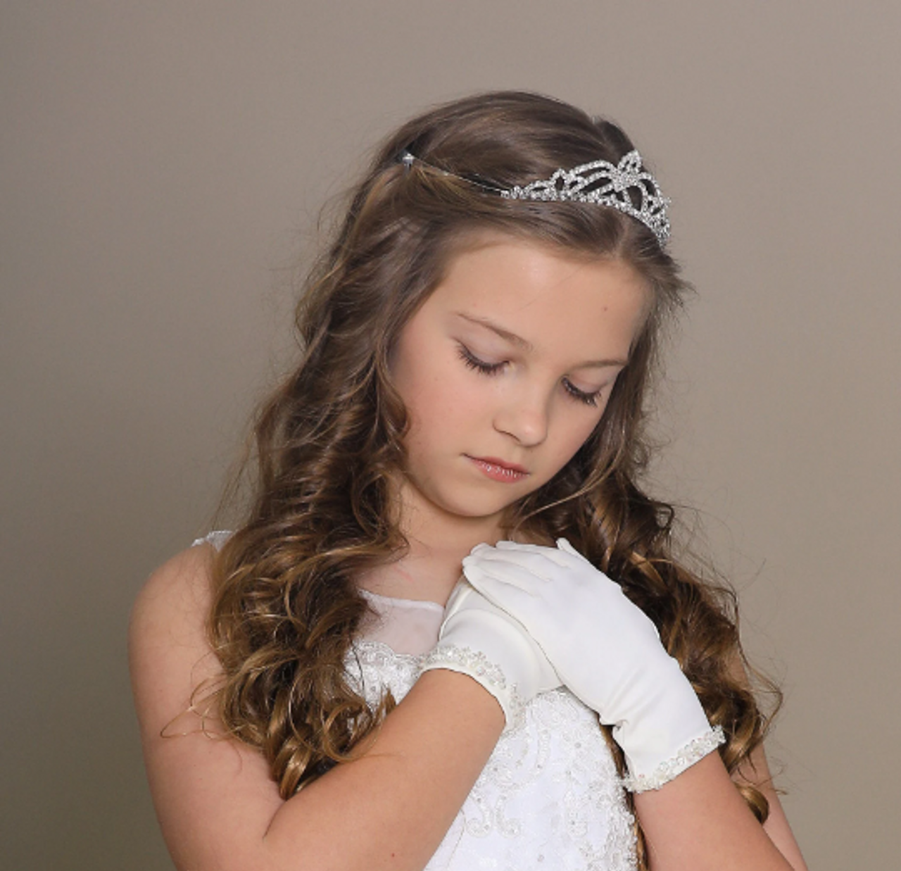 Girl's White or Ivory Matte Satin Beaded Gloves