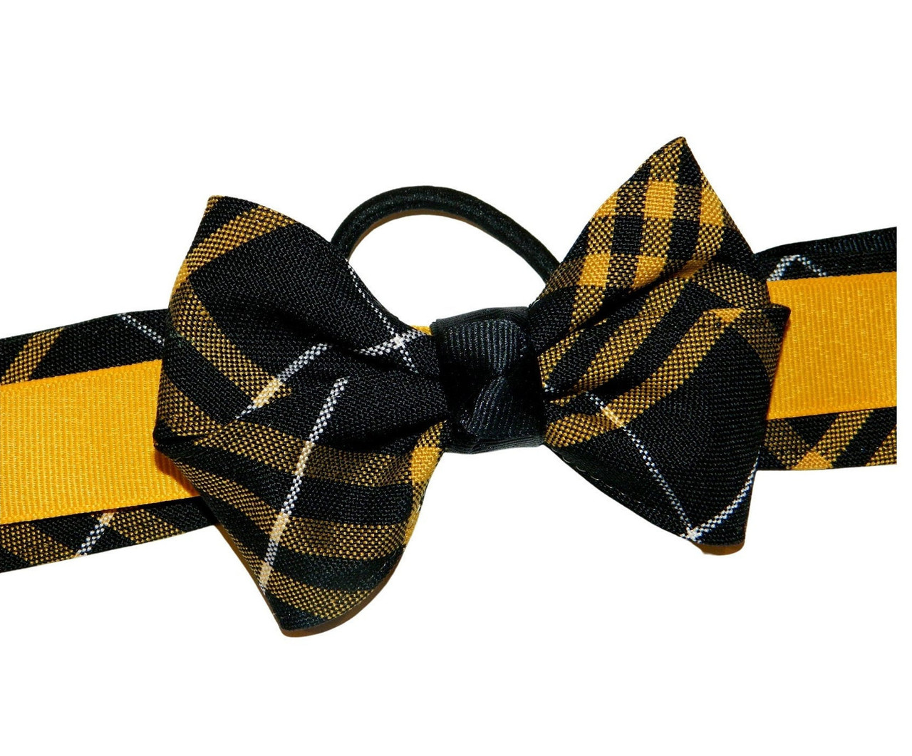 Black & Yellow Gold Plaid Bow Ponytail Holder