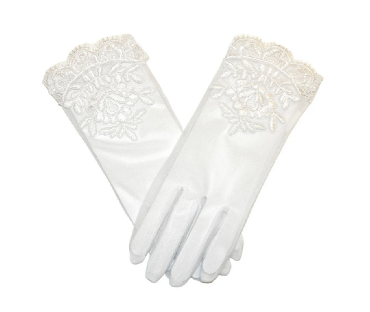 Girl's White Sheer Embroidered Gloves