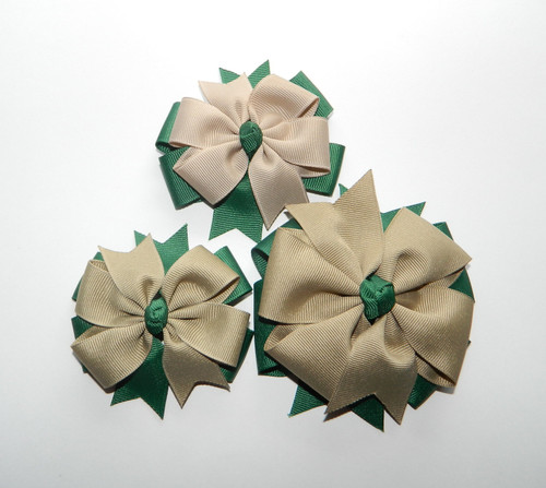 Hunter Green & Lt Khaki Double Pinwheel Hair Bow - School Uniform Bows, Forest and Khaki Hair Bows, Khaki Hair Bow, Hunter and Khaki Bows