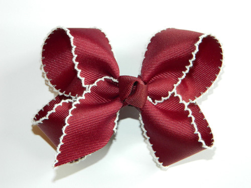 Burgundy & White Large Moonstitch Hair Bow - School Uniform Hair Bow, Moonstitch Hair Bow, Burgundy Hair Bow, Uniform Bows, Maroon Hair Bows