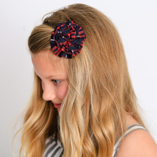 Navy & Red Plaid Rosette Hair Clip