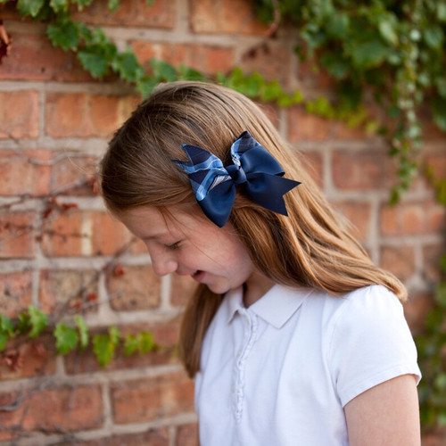 Navy & Lt Blue Plaid Split Pinwheel Hair Bow