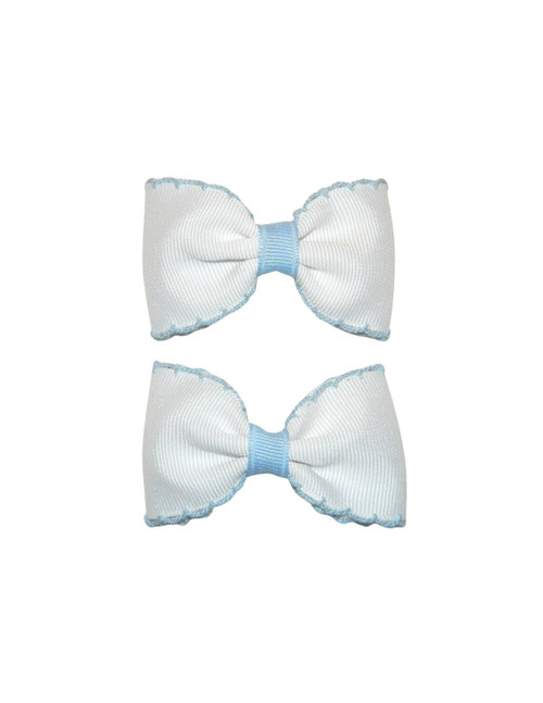 White & Light Blue Moonstitch Pigtail Bows