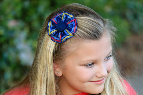 Navy, Red & Yellow Plaid Ribbon Rosette Hair Clip