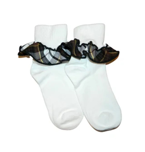 Brown, Black, Gold & White Plaid 71 Ruffle White Ankle Socks