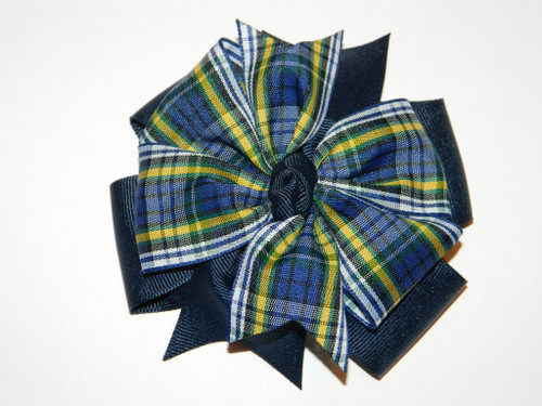 Navy, White & Yellow Plaid Large Double Pinwheel Hair Bow - School Uniform Hair Bows, Navy Plaid Hair Bows, Plaid Hair Bows, Navy Hair Bows