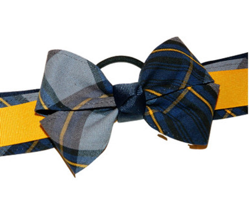 Gray, Navy & Yellow Gold Plaid Bow Ponytail Holder