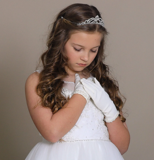 Girl's White or Ivory Matte Satin Beaded Gloves