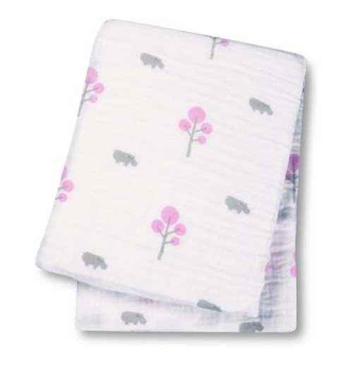Pink Hippo Muslin Cotton Swaddling Blanket