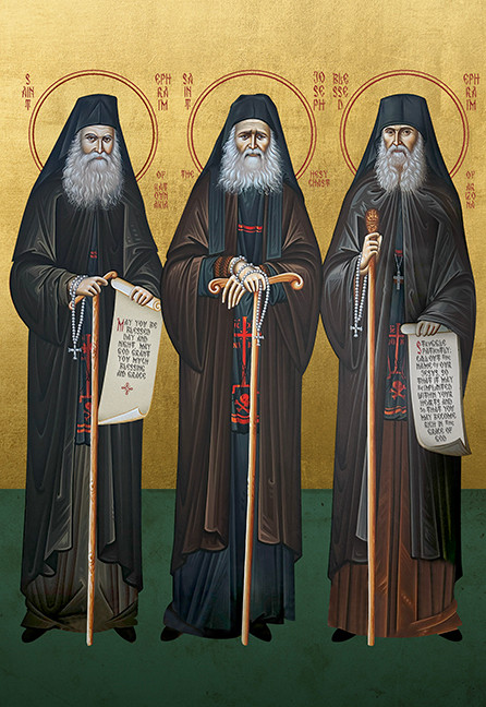 A traditional and beautiful icon of Sts. Ephraim, Joseph and Ephraim of Katounakia.