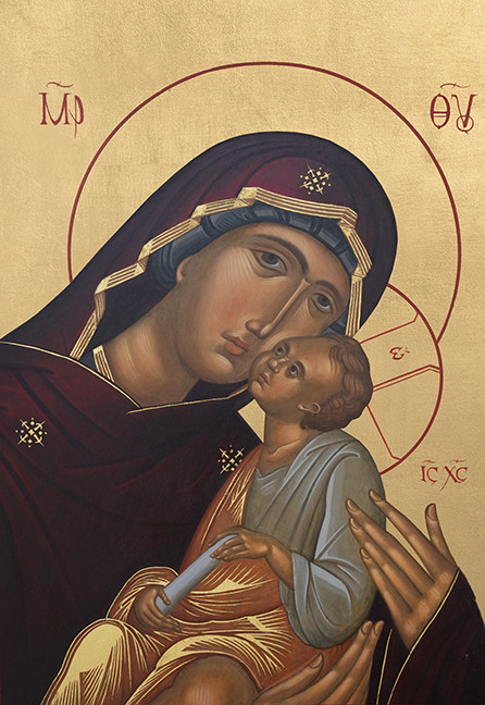 A traditional and beautiful icon of the Holy Theotokos "Sweet Kissing" Glykophilousa by the hand of Daniel Blaine