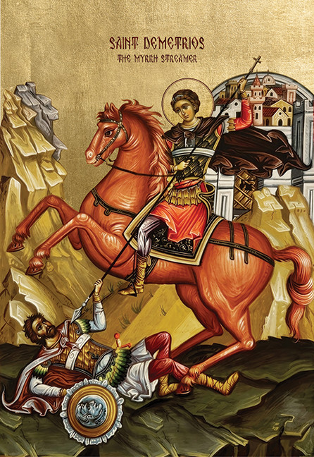 A traditional and beautiful icon of Saint Demetrios slaying the antichrist.