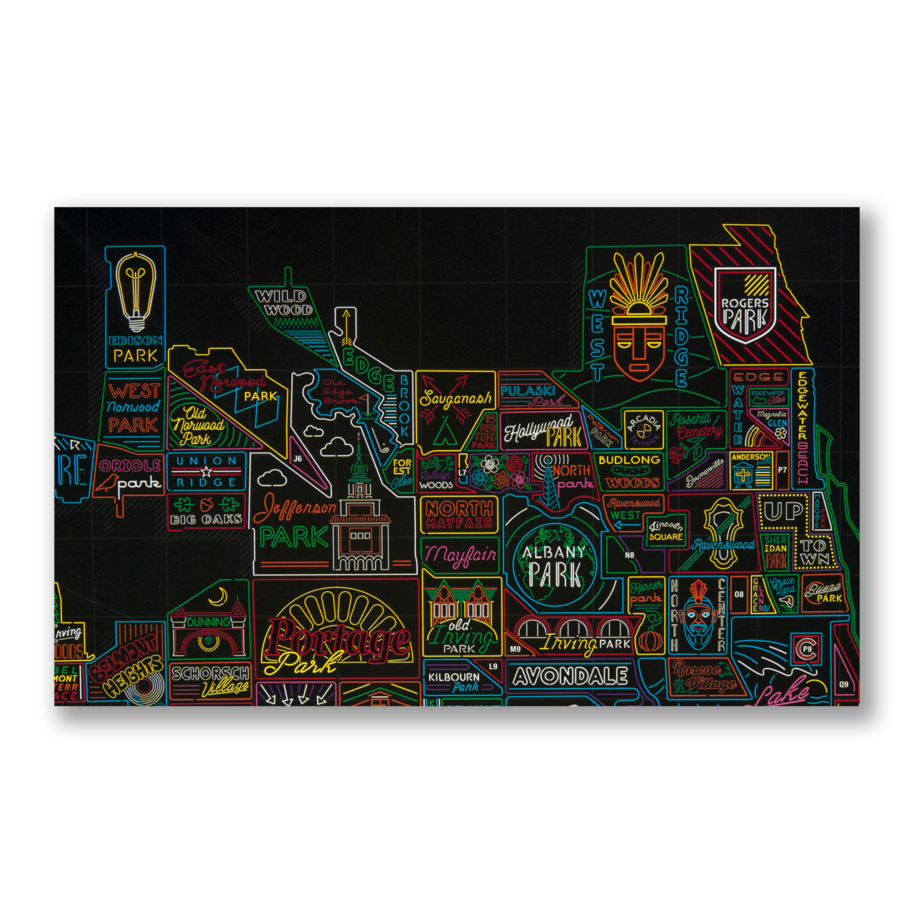 Neon Neighborhood Map Of Chicago