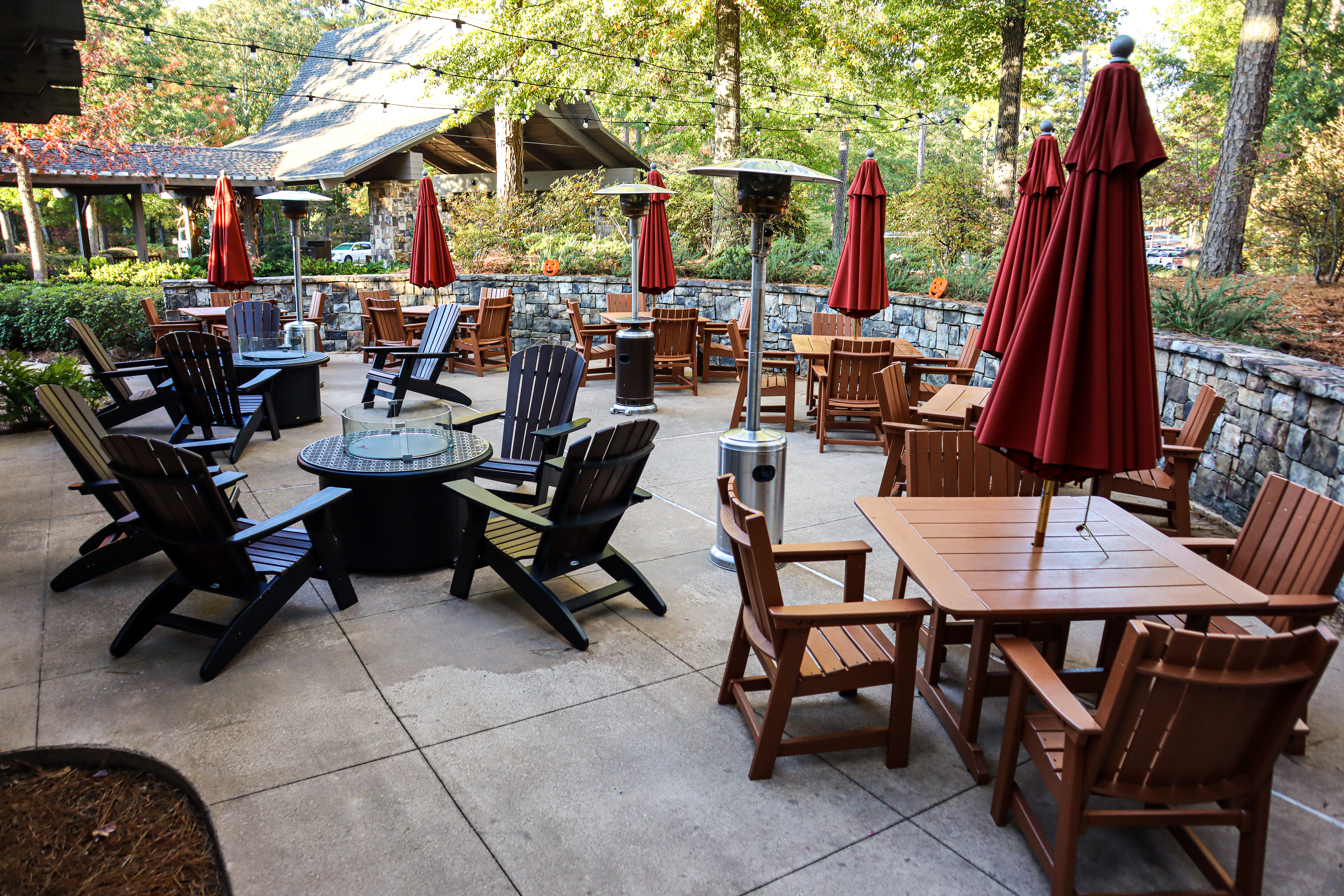 SoPoly outdoor furniture at Callaway Gardens. Photo includes the St. Simons Adirondack Chair, the Callaway Dining Chair, 44" Square Savannah Dining Table.