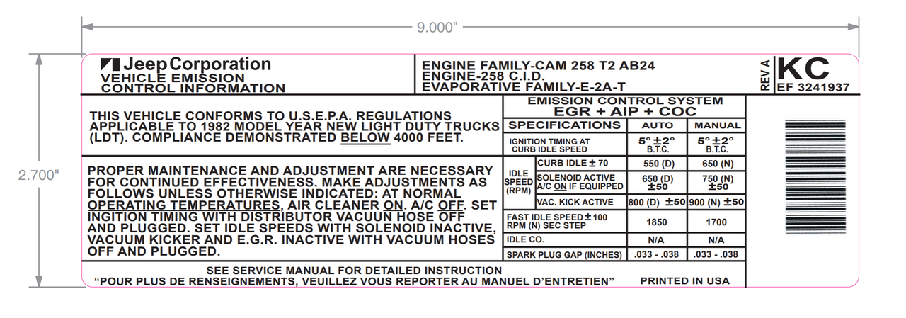 1982 CJ 258 Emission Decal