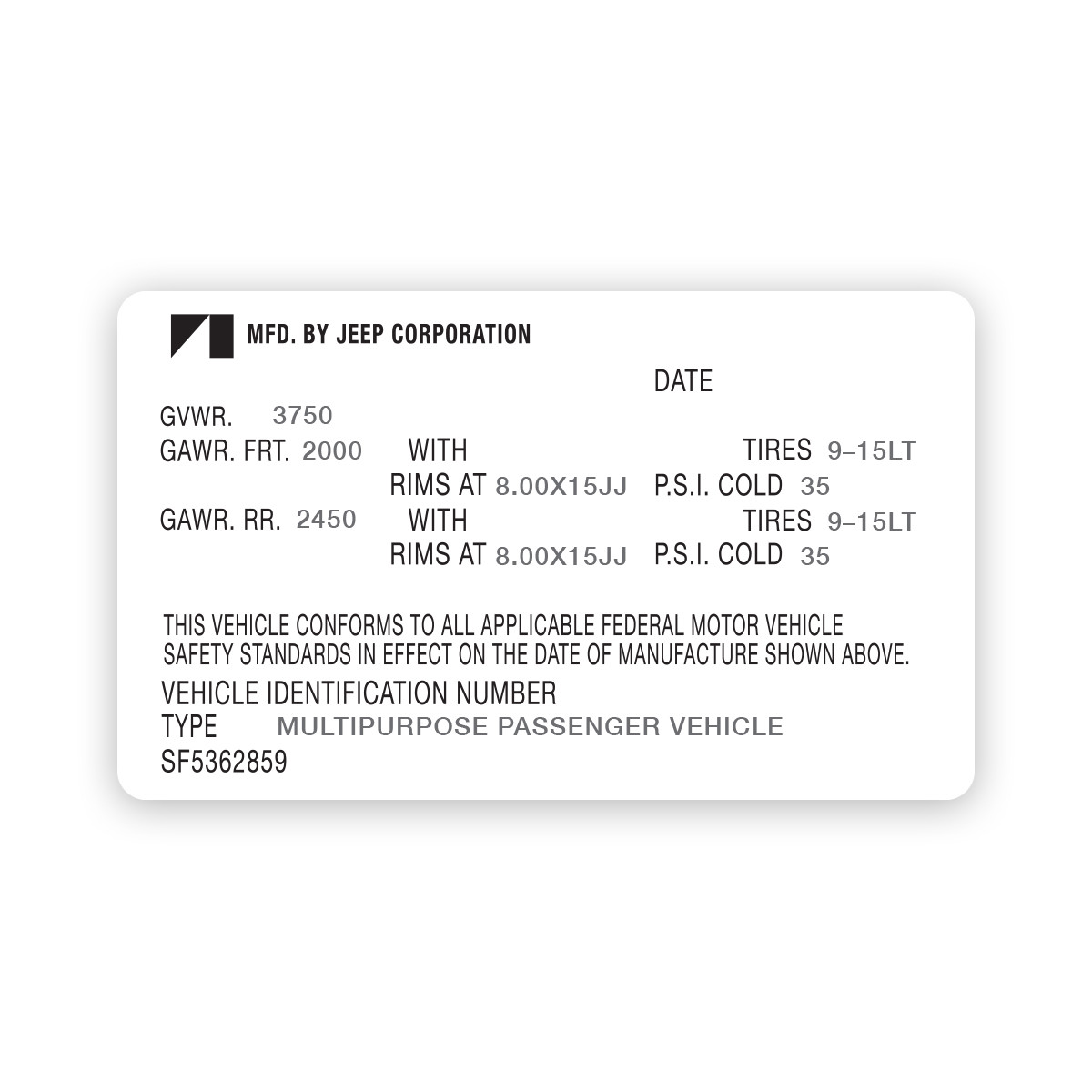 1981 VIN Decal (BLANK – No VIN) – CBJeep