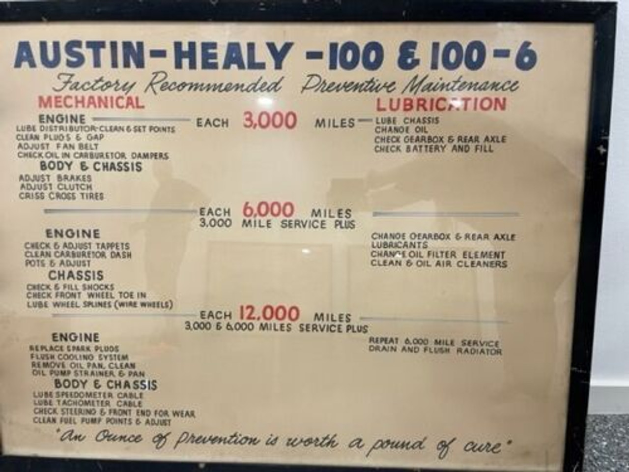 Vintage Austin-Healey 100 & 100-6 Factory Recommended Maintenance Sign - 55X42