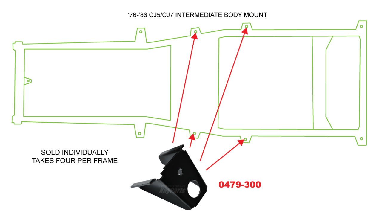 76-86 JEEP CJ5 CJ7 INTERMEDIATE FRAME SIDE BODY MOUNT (4 PER VEHICLE) LH=RH