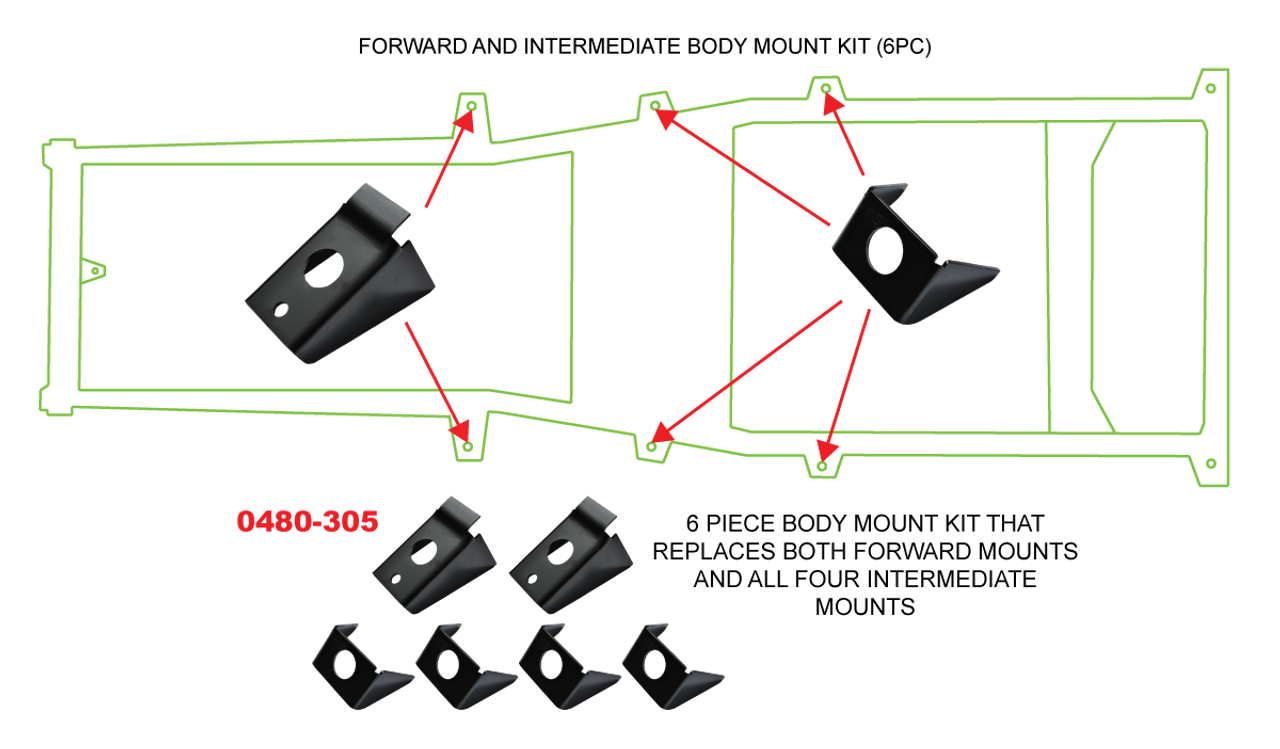 87-95 JEEP YJ WRANGLER 6 PIECE, WELD ON, FRAME SIDE BODY MOUNT KIT. KIT CONTAINS 2 FRONT AND 4 INTERMEDIATE 