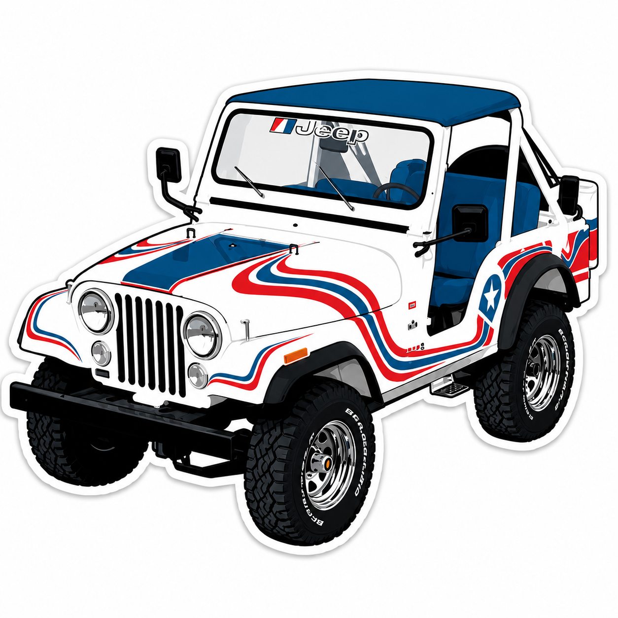 Old School Super Jeep Decal 4" x 4" (Red, White & Blue)