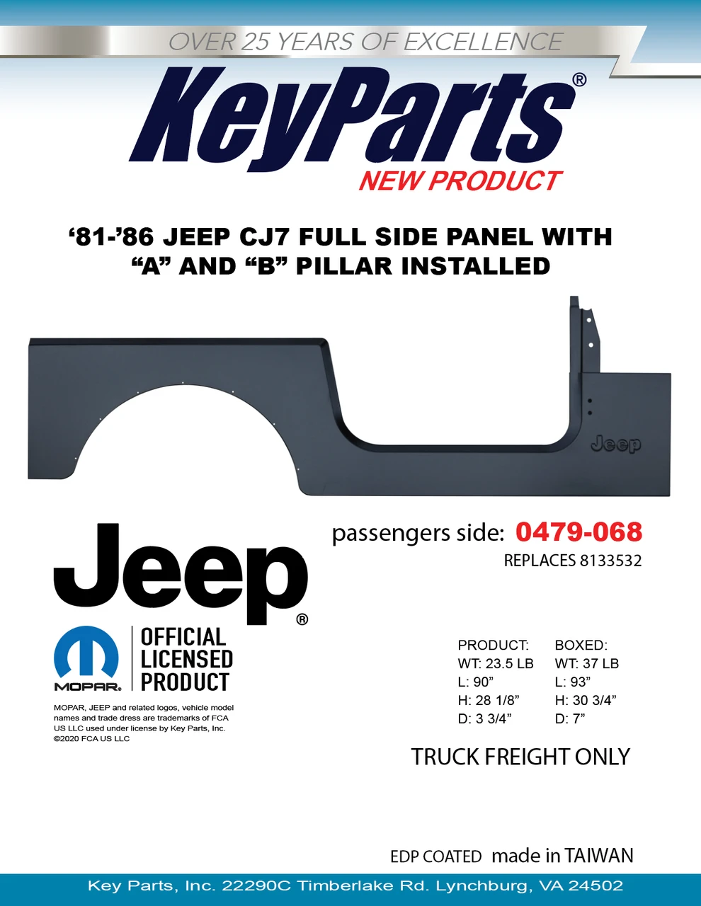 81–86 Jeep CJ-7 Complete Body Side Panel (RH / Pass Side) - Replaces 8133532