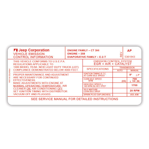 1980 CJ 258 Emissions Decal