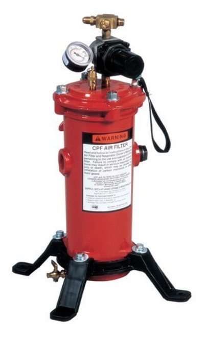 Clemco CPF-20 air filter, with regulator, up to 2 operators. Part # CL03578.

Clemco CPF-80 air filter, with regulator, up to 4 operators. Part # CL03527. 

Overview

Particulate filter for breathing air supplied from a compressed air source. Features pressure regulator, mounting bracket for floor or wall mounting. CPF-20 services one or two operators; CPF-80 services up to four operators. The CPF filter removes mists, including oil mists, water vapor, and particulates greater in size than 0.5 micron. Compressed Grade D quality breathing air as defined by the Compressed Gas Association commodity specification.

Description of Operation

The CPF filter is placed in the breathing-air line between the breathing-air source and the respirator supply hose. The CPF is the point of attachment for the respirator hose. Air enters the filter through one of the inlet ports. Moisture is removed by expansion in the outer chamber and is drained through the petcock at the bottom of the unit. The air passes through a replaceable filter cartridge. The outlet pressure is controlled by a regulator on the cap and is measured by a gauge downstream from the cartridge.

Approvals and Certifications

CPF filters comply with OSHA regulation 1910.94 (6) as a component of a total respirator system. To comply with OSHA regulation 1910.134 (d), the system must also include a NIOSH-approved supplied-air respirator and carbon monoxide (CO) monitoring and/or removal system.