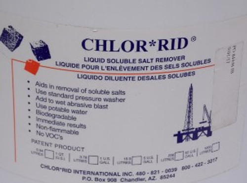 Liquid Soluble Salt Remover, 5 Gallon Pail, Add CHLOR*RID to a 1:100 Ratio Dilution to water, Part # CHLOR*RID
(Call to Order)