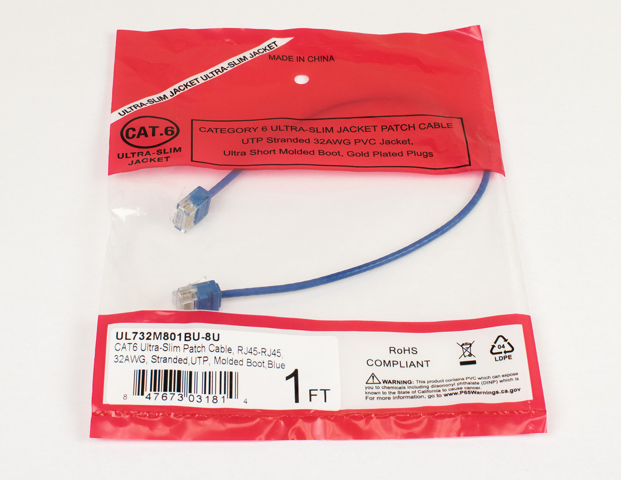 UTP 痩 Ultra Slim Cat6 Ethernet Patch cable Stranded 32awg, Blue Jacket