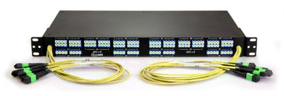 High Density Fiber Optic Patch Panel, MTP to LC Breakout Panel, Front-(12) MTP/8 Fiber QSFP Interface, 48 Duplex LC Ports, 96 Strand, 9/125 Singlemode OS2, 1 RMS