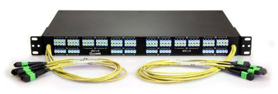 High Density Fiber Optic Patch Panel, MTP Elite to LC Breakout Panel, Front-(8) MTP/16 Fiber QSFP Interface, 64 Duplex LC Ports, 128 Strand, 9/125 Singlemode OS2, 1 RMS