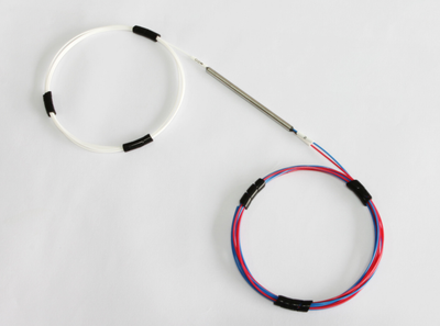 1x2 FBT (Fused Biconical Taper) Fiber Optic Splitter, 850/1300, 50/50 Split, Type F Package, 900um Buffer, OM1 Glass, w/ LC/UPC connectors, White Input to Yellow Output, 12 Inch Input and Output