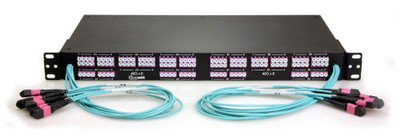 FRM-1U-OM4-16-64 - High Density Fiber Optic Patch Panel, MTP to LC Breakout Panel, Front-(16) MTP/8 Fiber QSFP Interface, 64 Duplex LC Ports, 128 Strand, 50/125 Multimode OM4, 1 RMS