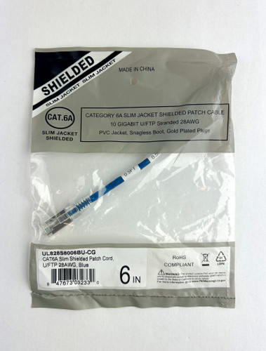UL828S8006BU-CG - Cat6A Slim Jacket Shielded (STP) Ethernet Cable - Blue Jacket, Bagged