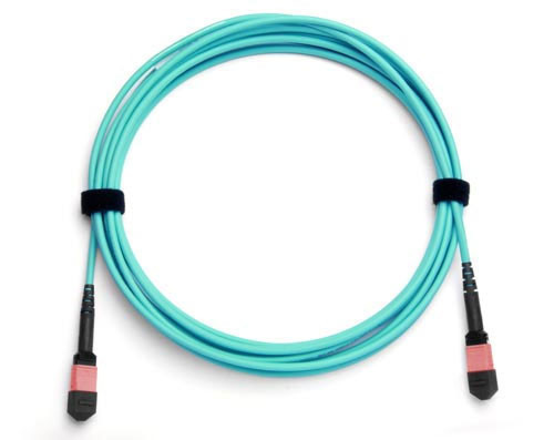 Fiber Cable, MTPE/UPC(F) - MTP/UPC(F), 12 Fiber, OFNP, 50/125 OM4, Indoor, Nanacore 3.0mm, Aqua Jacket, 35 Feet, Rollover (Type B)