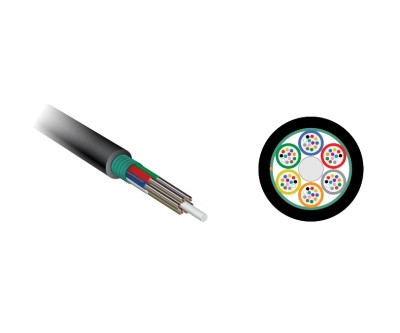 288 Fiber, Singlemode Bend Tolerant, CST Armor, Loose Tube Outside Plant (OSP), Gel Free, PE Black Jacket, cross-section view