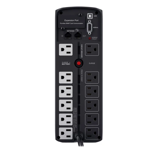 CP1500PFCLCDTAA provides battery backup (using sine wave output) and surge protection, back view