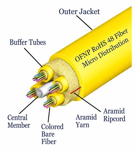 S09MD48CZNPY4T-Y - 48 Fiber, SM, Indoor, Micro Distribution, Plenum, 8.6mm OD - 3.0mm Subs, Yellow Jacket, (price per foot), outside to inside view