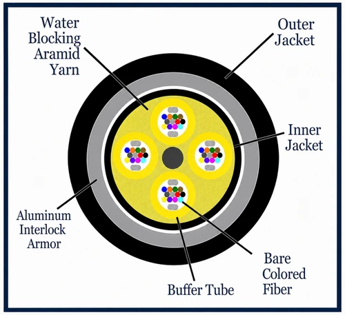 S09DL482CZNRxx25-AIA2 - 48 Fiber, Armored Interlocking, I/O, Dry Loose Tube,  Corning® SMF-28® Ultra, 16.2mm OD - 2.5mm Sub Units, OFNR - (cross section view)